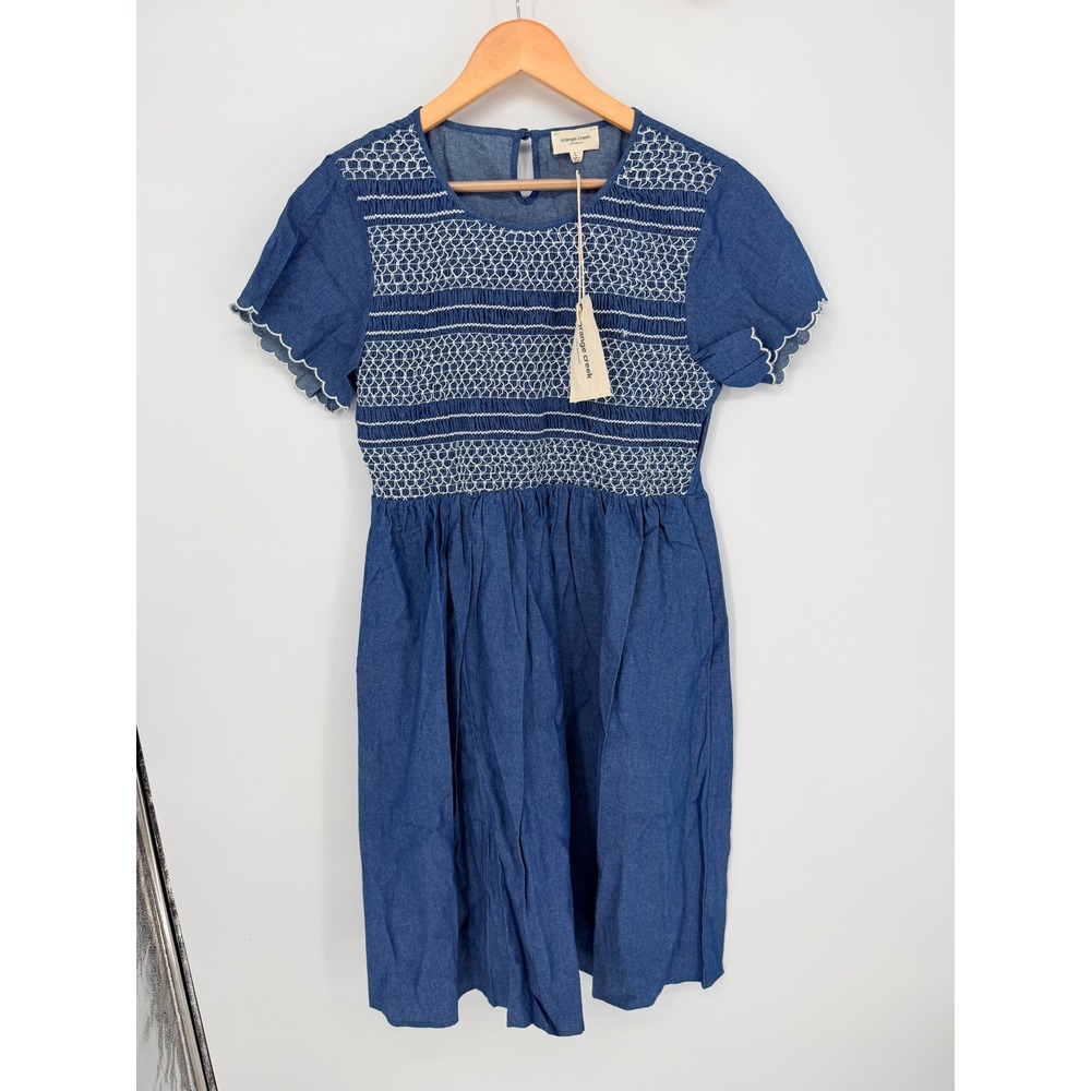 Orange Creek Dress L Blue Smocked Embroidered Scalloped Cottagecore Boho